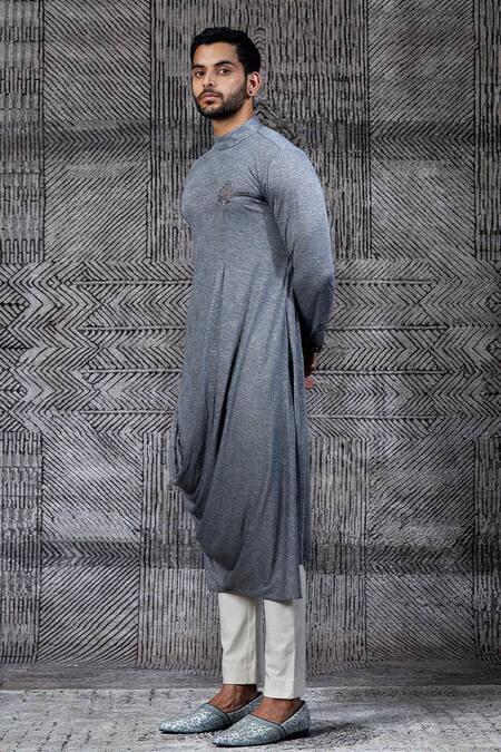Shantnu Nikhil_Grey Metallic Jersey Cowl Draped Kurta _Online_at_Aza_Fashions