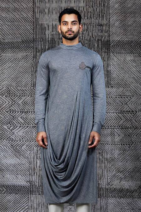 Buy_Shantnu Nikhil_Grey Metallic Jersey Cowl Draped Kurta _Online_at_Aza_Fashions