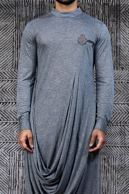 Shop_Shantnu Nikhil_Grey Metallic Jersey Cowl Draped Kurta _Online_at_Aza_Fashions