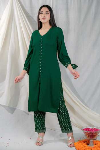Mool Organic_Green Antimicrobial Sustainable Modal Shama Embroidered Kurta Set_Online_at_Aza_Fashions