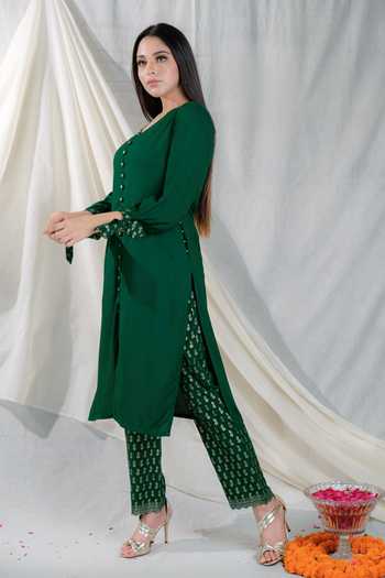 Buy_Mool Organic_Green Antimicrobial Sustainable Modal Shama Embroidered Kurta Set_Online_at_Aza_Fashions