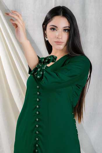 Shop_Mool Organic_Green Antimicrobial Sustainable Modal Shama Embroidered Kurta Set_Online_at_Aza_Fashions