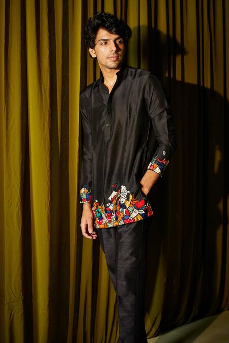 Twenty Nine_Black Raw Silk Straight Pant _Online_at_Aza_Fashions