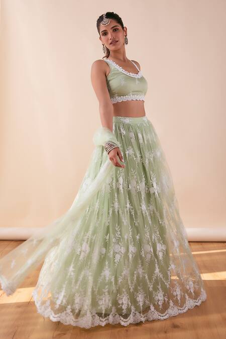 Shop_Mulmul_Green Soft Net Embroidered Floral Round Neck Almora Lehenga Set  _at_Aza_Fashions
