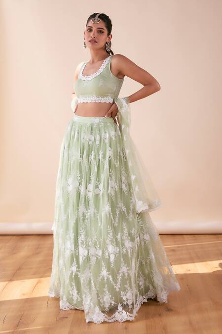 Mulmul_Green Soft Net Embroidered Floral Round Neck Almora Lehenga Set  _Online_at_Aza_Fashions