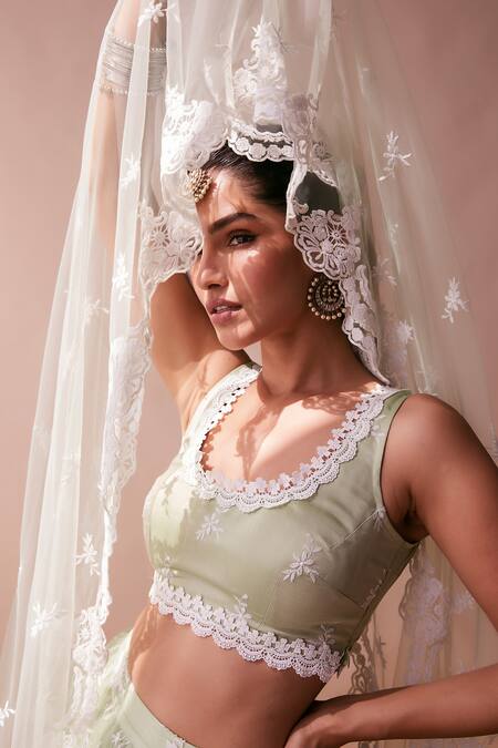 Shop_Mulmul_Green Soft Net Embroidered Floral Round Neck Almora Lehenga Set  _Online_at_Aza_Fashions