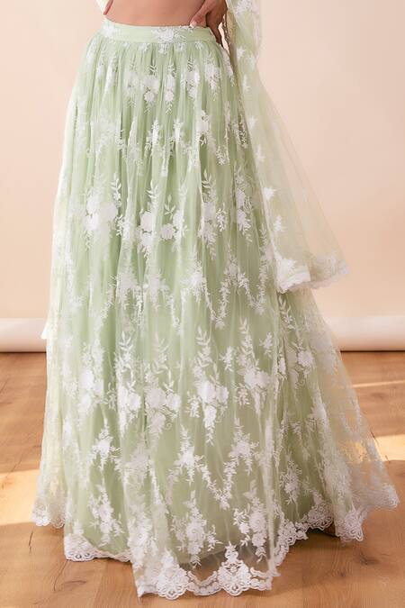 Mulmul_Green Soft Net Embroidered Floral Round Neck Almora Lehenga Set  _at_Aza_Fashions