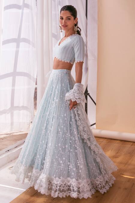 Mulmul Blue Soft Net Embroidered Floral Kasauli Lehenga Set  2