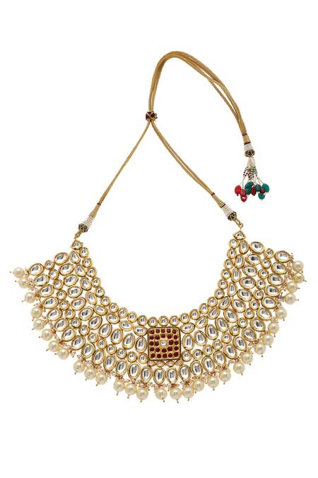 Minaki_Gold Plated Pearls, Stones Kundan Choker Set _Online_at_Aza_Fashions