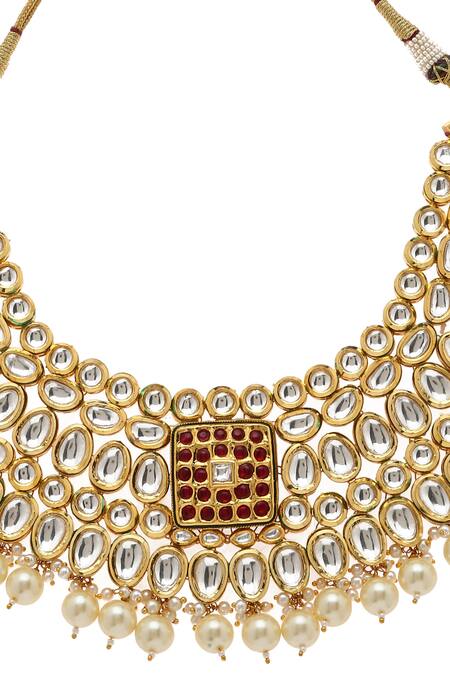 Shop_Minaki_Gold Plated Pearls, Stones Kundan Choker Set _Online_at_Aza_Fashions