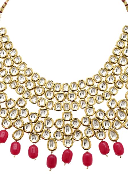Minaki_Gold Plated Stones, Zari Kundan Drop Choker Set _at_Aza_Fashions