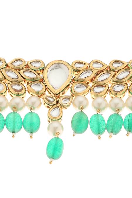 Minaki_Gold Plated Pearls, Beads Kundan Choker And Necklace Set _at_Aza_Fashions