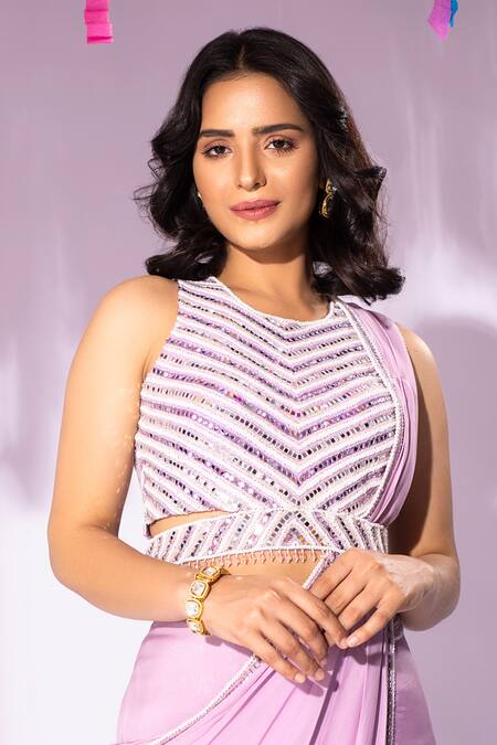 Devika Seth_Purple Flat Chiffon Round Pre-draped Saree With Blouse_Online_at_Aza_Fashions