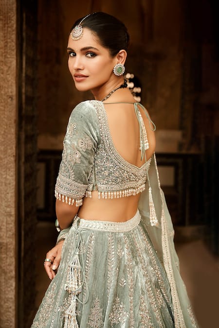 Matsya_Green Velvet Dori, Zardozi And Mirror Vintage Masai Embroidered Bridal Lehenga Set _Online_at_Aza_Fashions