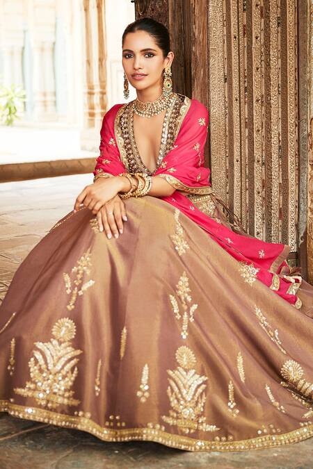 Buy_Matsya_Green Tissue Mughal Florals, The Heritage Aurum Embroidered Bridal Lehenga Set_Online_at_Aza_Fashions