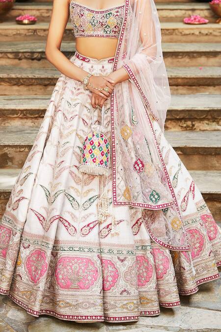 Shop_Matsya_Ivory Silk Applique Work Scoop Neck The Rambagh Embroidered Bridal Lehenga Set _Online_at_Aza_Fashions