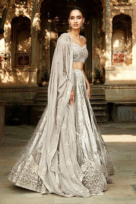 Matsya Grey Velvet Dori, Swarovski, Crystals And The Matsya Embroidered Lehenga Set Online at Aza Fashions Matsya_Grey Velvet Dori, Swarovski, Crystals And The Matsya Embroidered Lehenga Set _Online_at_Aza_Fashions