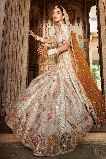 Buy Beige Tissue Hand Embroidered Needle Holy Trinity Bridal Lehenga Set  For Women by MATSYA Online at Aza Fashions.