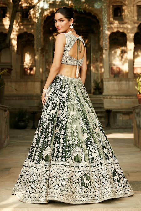 Shop Matsya Green Velvet Dori, Mirrors And The Masai Mara Embroidered Bridal Lehenga Set at Aza Fashions Shop_Matsya_Green Velvet Dori, Mirrors And The Masai Mara Embroidered Bridal Lehenga Set _at_Aza_Fashions