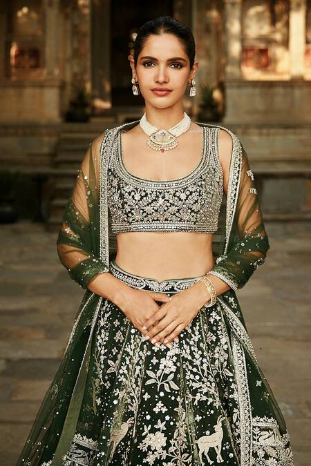 Matsya Green Velvet Dori, Mirrors And The Masai Mara Embroidered Bridal Lehenga Set Online at Aza Fashions Matsya_Green Velvet Dori, Mirrors And The Masai Mara Embroidered Bridal Lehenga Set _Online_at_Aza_Fashions
