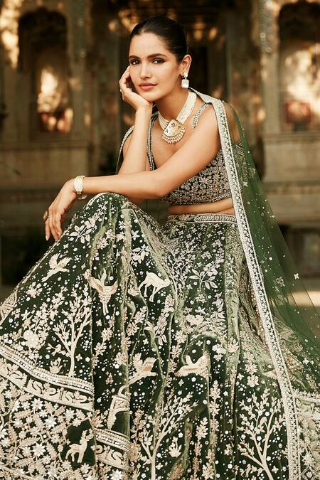 Buy Matsya Green Velvet Dori, Mirrors And The Masai Mara Embroidered Bridal Lehenga Set Online at Aza Fashions Buy_Matsya_Green Velvet Dori, Mirrors And The Masai Mara Embroidered Bridal Lehenga Set _Online_at_Aza_Fashions