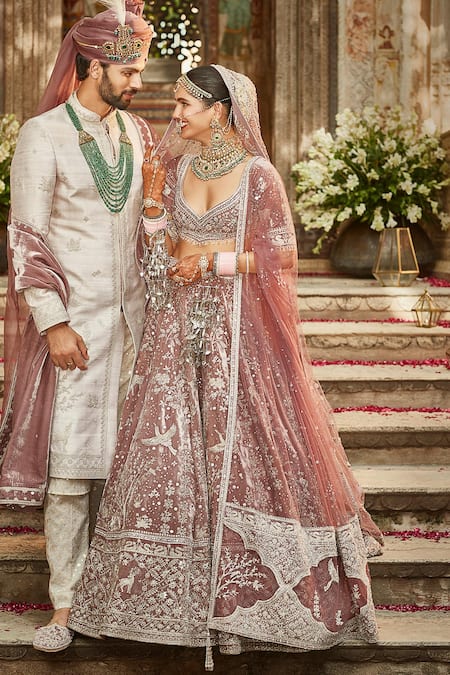 Buy_Matsya_Pink Velvet Antelope And Crane The French Rose Tales Of Masai Bridal Lehenga Set _Online_at_Aza_Fashions