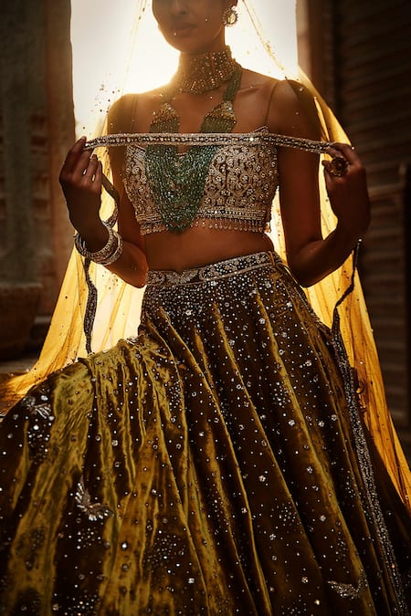 Matsya_Yellow Velvet Winged Motifs Scoop Neck The Burnt Sunset Bridal Lehenga Set _Online_at_Aza_Fashions