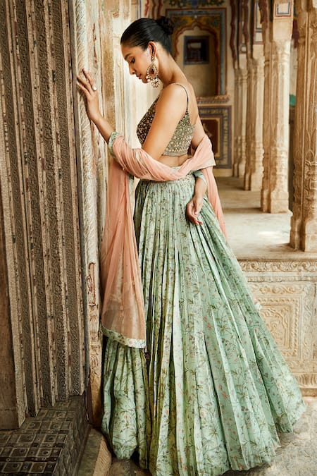 Shop_MATSYA_Green Tissue Embroidered Floral Scoop Neck Print Lehenga Set _at_Aza_Fashions