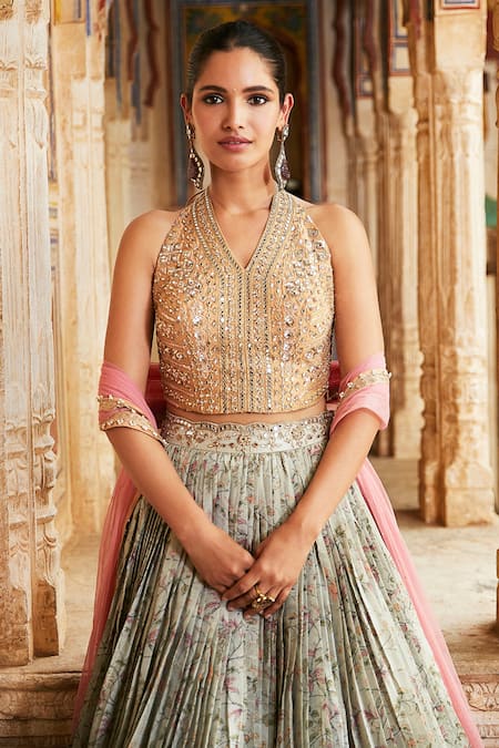 Matsya_Yellow Silk Tissue Floral, Mirrors And Zardozi The Florentine Printed Lehenga Set _Online_at_Aza_Fashions