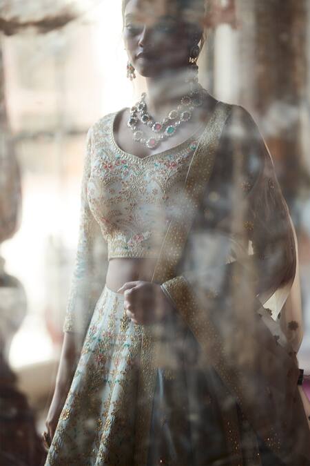 Matsya Green Raw Silk Thread And Gota Leaf Neck Embroidered Bridal Lehenga Set Online at Aza Fashions Matsya_Green Raw Silk Thread And Gota Leaf Neck Embroidered Bridal Lehenga Set_Online_at_Aza_Fashions