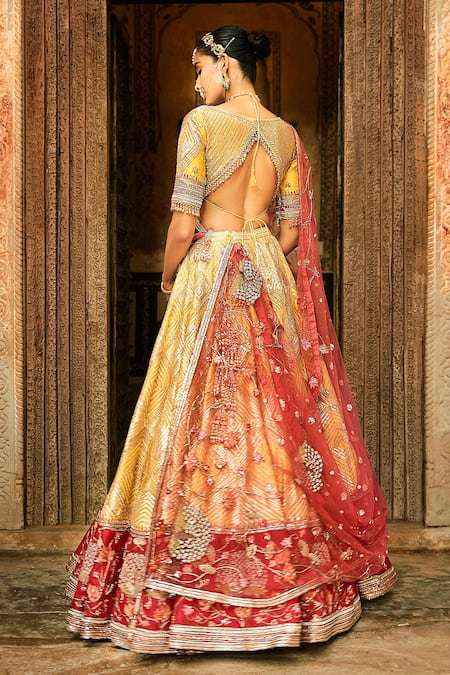 Matsya Yellow Silk Gota Work, Resham, The Suryagarh Embroidered Bridal Lehenga Set Online at Aza Fashions Matsya_Yellow Silk Gota Work, Resham, The Suryagarh Embroidered Bridal Lehenga Set _Online_at_Aza_Fashions