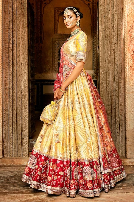Buy Matsya Yellow Silk Gota Work, Resham, The Suryagarh Embroidered Bridal Lehenga Set Online at Aza Fashions Buy_Matsya_Yellow Silk Gota Work, Resham, The Suryagarh Embroidered Bridal Lehenga Set _Online_at_Aza_Fashions