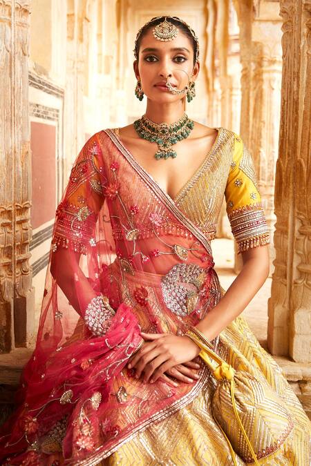 Shop Matsya Yellow Silk Gota Work, Resham, The Suryagarh Embroidered Bridal Lehenga Set Online at Aza Fashions Shop_Matsya_Yellow Silk Gota Work, Resham, The Suryagarh Embroidered Bridal Lehenga Set _Online_at_Aza_Fashions