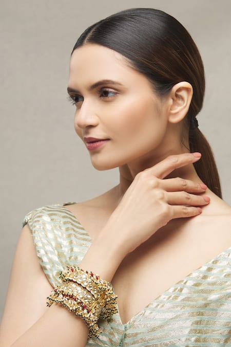 Buy_Moh-Maya By Disha Khatri_Gold Plated Pearls, Gota Patti Kundan Bead Drop Bangles Set Of 2_Online_at_Aza_Fashions