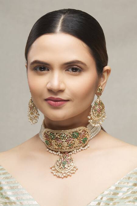 Buy Moh-Maya By Disha Khatri Gold Plated Pearls Jadau Pendant Choker Set Online at Aza Fashions Buy_Moh-Maya By Disha Khatri_Gold Plated Pearls Jadau Pendant Choker Set _Online_at_Aza_Fashions