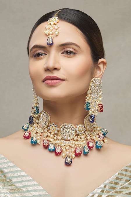 Buy Moh-Maya By Disha Khatri Gold Plated Pearls, Stones Kundan Meenakari Choker Set Online at Aza Fashions Buy_Moh-Maya By Disha Khatri_Gold Plated Pearls, Stones Kundan Meenakari Choker Set _Online_at_Aza_Fashions