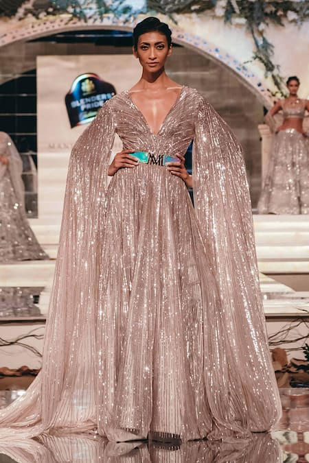 Manish Malhotra Silver Net Sequin Embellished Gown