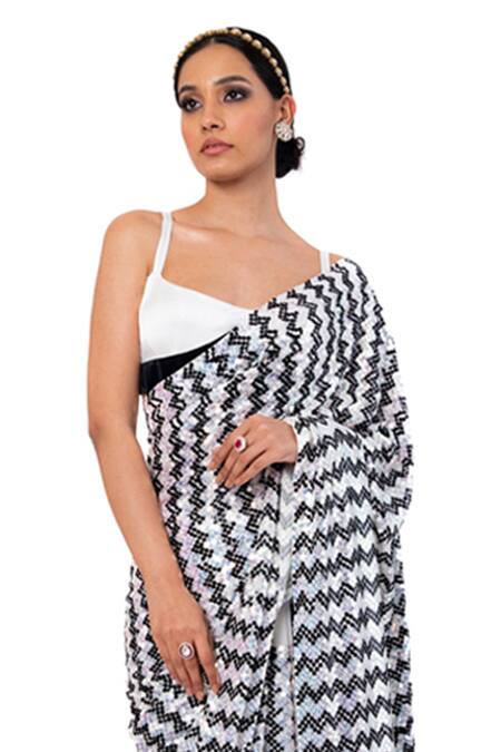 Buy_Manish Malhotra_Black Sequin Embellished Chevron Saree_Online_at_Aza_Fashions