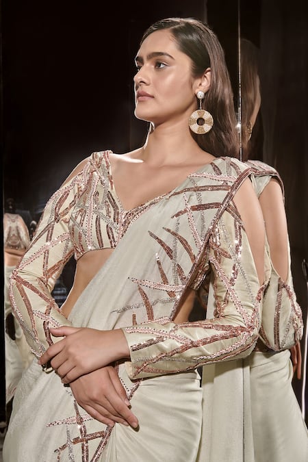 Masumi Mewawalla Green Crepe Sequins, Cut Work, Embroidered Saree With Off Shoulder Blouse Online at Aza Fashions Masumi Mewawalla_Green Crepe Sequins, Cut Work, Embroidered Saree With Off Shoulder Blouse _Online_at_Aza_Fashions