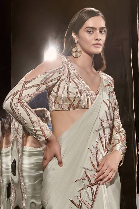 Buy Masumi Mewawalla Green Crepe Sequins, Cut Work, Embroidered Saree With Off Shoulder Blouse Online at Aza Fashions Buy_Masumi Mewawalla_Green Crepe Sequins, Cut Work, Embroidered Saree With Off Shoulder Blouse _Online_at_Aza_Fashions