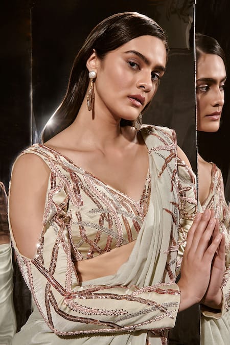 Shop Masumi Mewawalla Green Crepe Sequins, Cut Work, Embroidered Saree With Off Shoulder Blouse Online at Aza Fashions Shop_Masumi Mewawalla_Green Crepe Sequins, Cut Work, Embroidered Saree With Off Shoulder Blouse _Online_at_Aza_Fashions