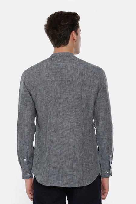 Shop Mayank Modi - Men Blue 100% Linen Checkered Shirt at Aza Fashions Shop_Mayank Modi - Men_Blue 100% Linen Checkered Shirt _at_Aza_Fashions