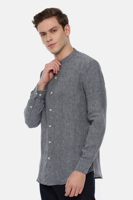 Mayank Modi - Men Blue 100% Linen Checkered Shirt Online at Aza Fashions Mayank Modi - Men_Blue 100% Linen Checkered Shirt _Online_at_Aza_Fashions