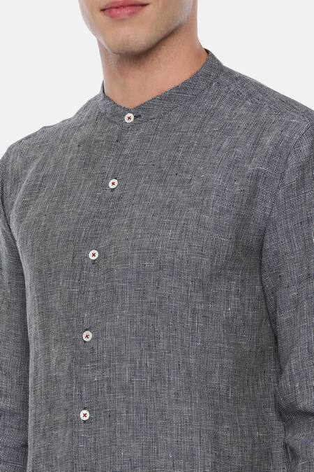 Shop Mayank Modi - Men Blue 100% Linen Checkered Shirt Online at Aza Fashions Shop_Mayank Modi - Men_Blue 100% Linen Checkered Shirt _Online_at_Aza_Fashions