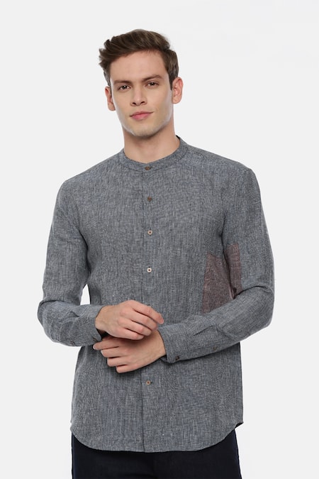 Mayank Modi - Men Blue 100% Linen Checkered Shirt 