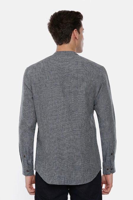 Shop Mayank Modi - Men Blue 100% Linen Checkered Shirt at Aza Fashions Shop_Mayank Modi - Men_Blue 100% Linen Checkered Shirt _at_Aza_Fashions