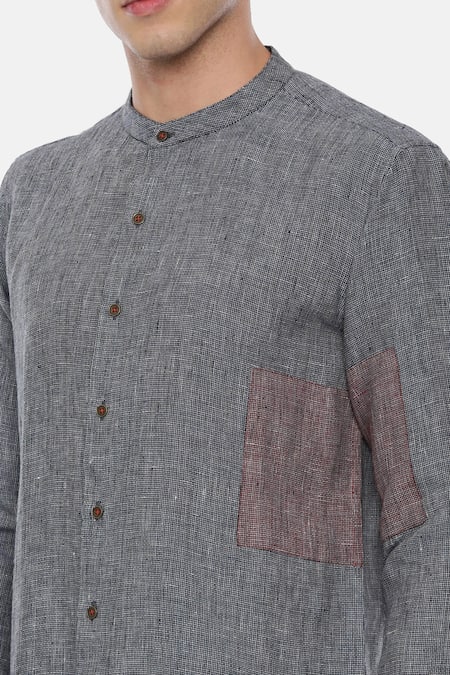 Shop Mayank Modi - Men Blue 100% Linen Checkered Shirt Online at Aza Fashions Shop_Mayank Modi - Men_Blue 100% Linen Checkered Shirt _Online_at_Aza_Fashions
