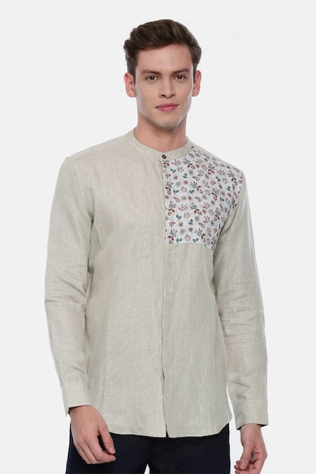 Mayank Modi - Men Beige 100% Linen Printed Shirt 