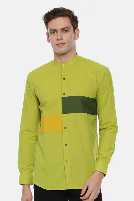 Mayank Modi - Men_Green 100% Linen Shirt_Online_at_Aza_Fashions