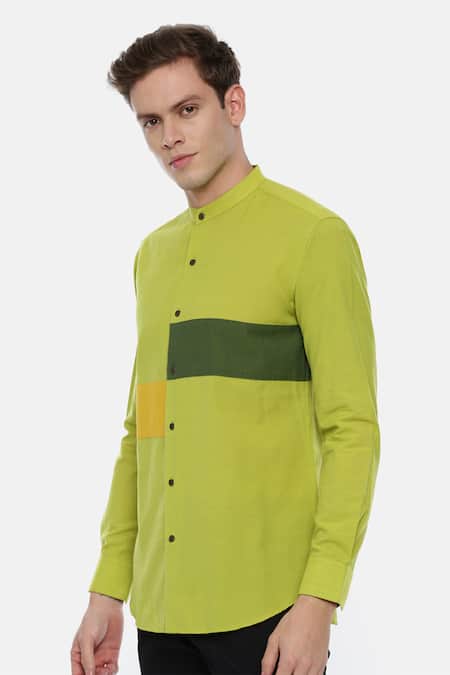 Shop_Mayank Modi - Men_Green 100% Linen Shirt_Online_at_Aza_Fashions